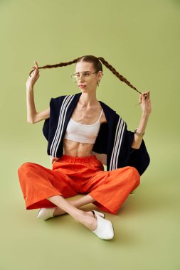 Kendine güvenen genç bir kadın örgüsüyle canlı bir kıyafetle oynuyor, dayanıklılık gösteriyor..