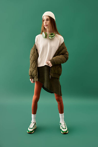 A young woman confidently wears a stylish outfit, reflecting her battle with anorexia.