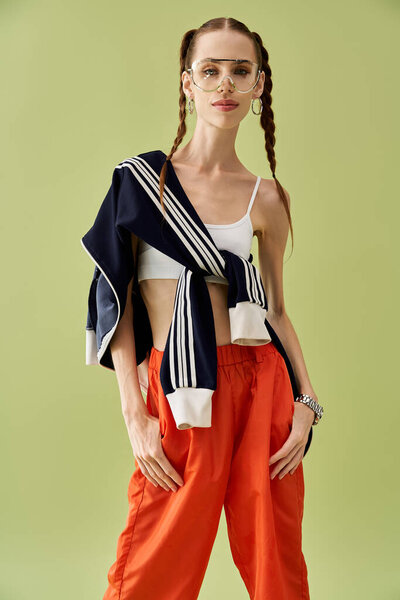 Young woman poses confidently in stylish attire, showing her determination against anorexia.