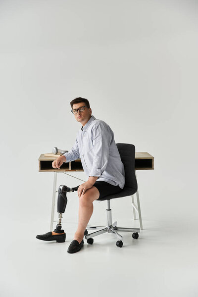 Человек с протезной ногой уверенно сидит за современным столом, одетый в рубашку с пуговицей..