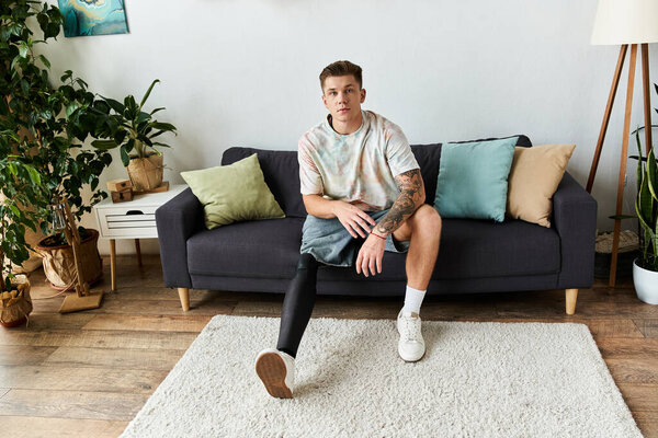 Молодой красивый мужчина расслабляется на диване, демонстрируя свой неповторимый стиль и стойкость.