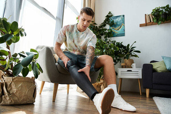 Красивый молодой человек сидит в уютном кресле, регулируя протез ноги и наслаждаясь моментом покоя.