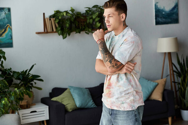 Handsome young man stands thoughtfully in a stylish living room surrounded by plants.