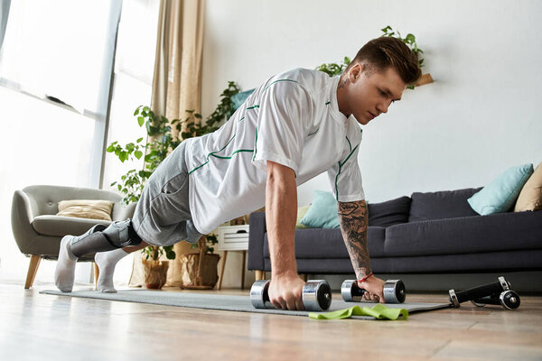 Посвящённый молодой человек тренируется с гантелями в стильной, освещенной солнцем гостиной, фокусируясь на силе.