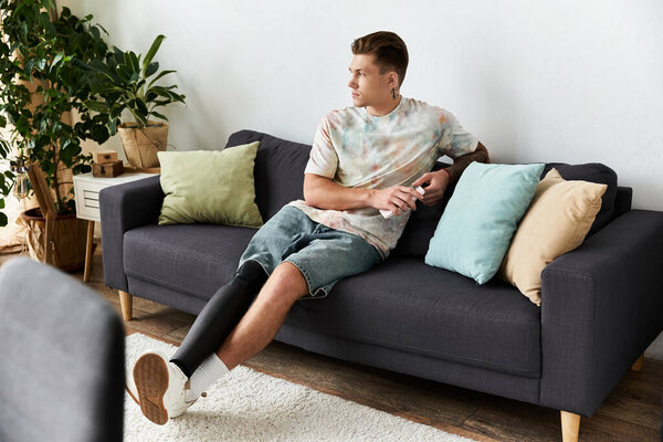 Молодой человек расслабляется на диване, гордо показывая свою протезную ногу.