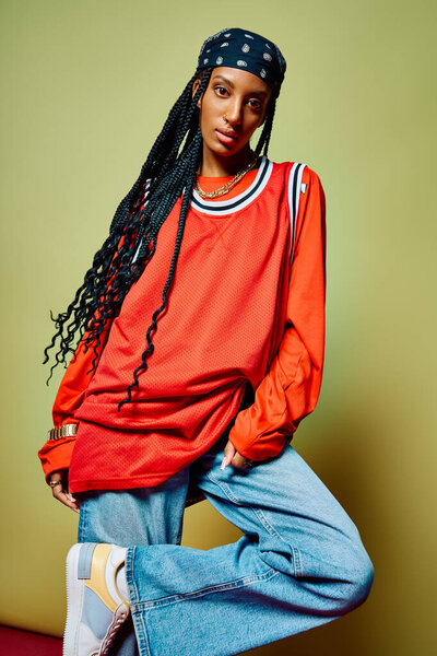 Уверенная молодая женщина в красочной обстановке демонстрирует свой уникальный спортивный стиль.