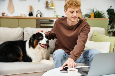 Kızıl saçlı genç bir adam modern bir yaşam alanında Avustralyalı çoban köpeğiyle etkileşime giriyor..