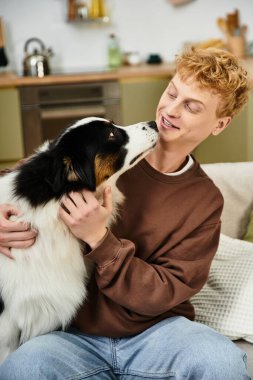 A young redhead shares playful moments with his adorable Australian Shepherd in a modern apartment. clipart