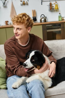 Modern bir dairede, genç kızıl saçlı bir adam sevimli Avustralyalı çoban köpeğiyle rahatlıyor..