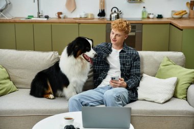 A young man relaxes on the couch, smiling at his furry Australian Shepherd companion. clipart