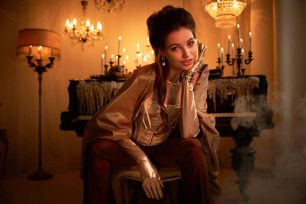 A young woman radiates elegance and charm, embodying a mystical vampire allure.