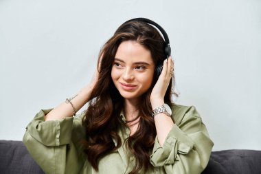 Güzel genç bir kadın, rahat ve davetkar bir yerde müzik dinlerken gülümser..