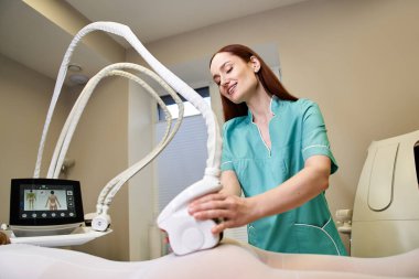 A young professional performs a dermatology procedure on a clients skin, enhancing beauty. clipart