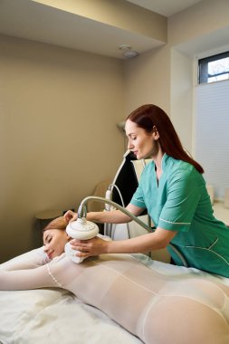 A skilled practitioner performs a dermatology procedure on a young woman lying comfortably. clipart