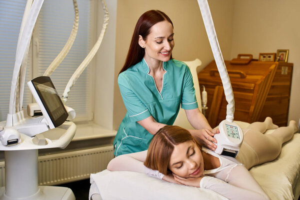 A skilled dermatologist treats a relaxed young woman in a calm clinic.