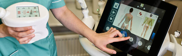A young dermatologist uses advanced tools for a skincare procedure on a patient.