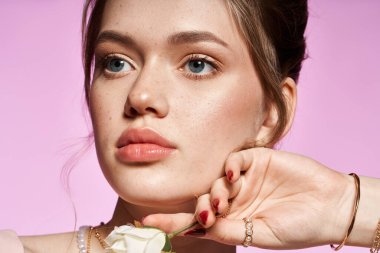 Çekici kadın narin bir gül tutuyor, zarafet ve güzellik saçıyor..