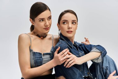 İki güzel kadın, ikizler ve kız kardeşler zarif bir şekilde iç mekanda poz veriyorlar..