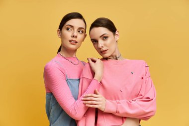 İki güzel ikiz kardeş şık kıyafetlerini kapalı mekanda gösteriyorlar..