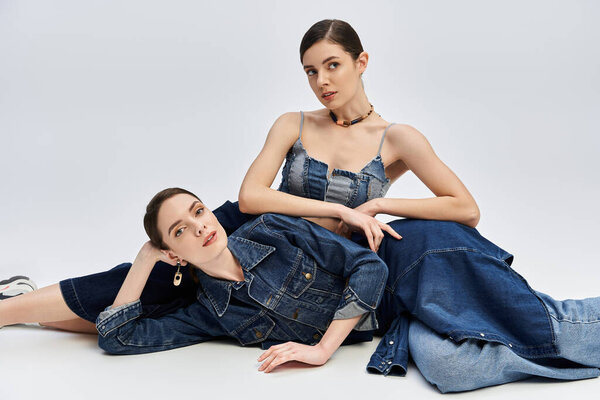 Two stunning twin sisters pose gracefully together, displaying their fashion sense in denim.