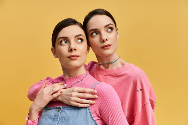 Две красивые сестры разделяют игривый момент, одетые в подходящие стильные наряды.