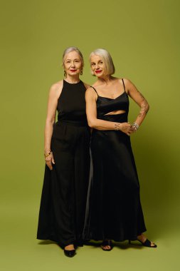 İki şık kadın güven ve romantizm saçıyor, zarif kıyafetleriyle bağlarını kutluyorlar..