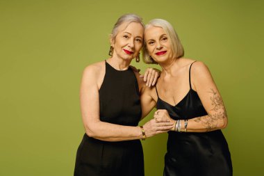 İki şık olgun kadın sanatsal bir ortamda sıcak bir kucaklaşmayı paylaşıyor..