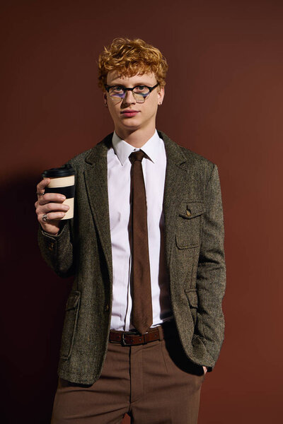Charming young man in fashionable outfit enjoys a moment with coffee, exuding confidence and style.