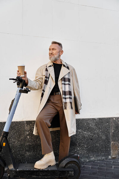 A handsome senior man, dressed in chic attire, stands confidently by his electric scooter.