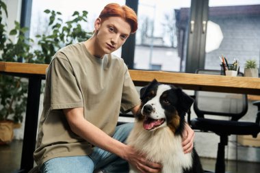 Modern bir ofiste dost canlısı bir köpekle kızıl saçlı genç bir adam bağ kuruyor..
