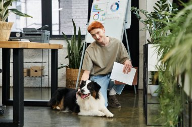 Modern bir ofiste, kızıl saçlı bir adam görevler üzerinde çalışırken neşeli bir köpekle etkileşim kurar..