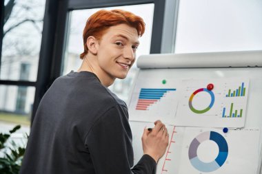 Red haired man actively presents data visuals on a whiteboard in a bright office space. clipart