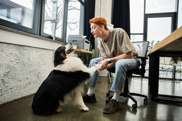 A dedicated young man with red hair interacts playfully with an office dog during work.