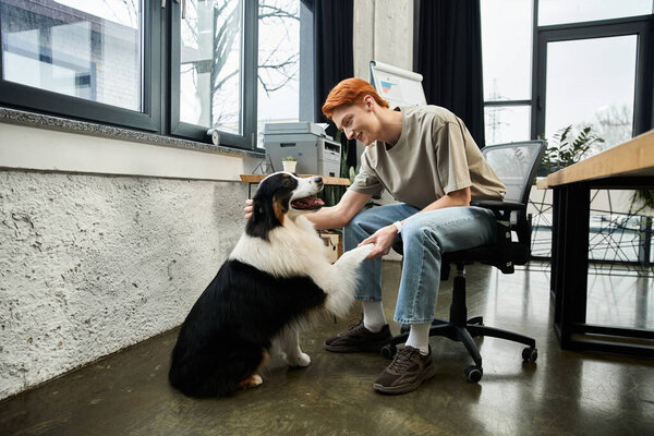 Dedicated young man with red hair enjoys quality time with a cheerful dog in an office.