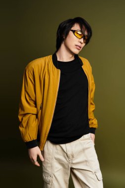 Genç bir adam dikkat çekici bir arka plan karşısında modaya uygun bir kıyafet modelliyor, kendine güven ve tarz yayıyor..