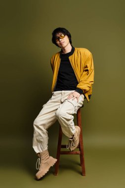 Genç Asyalı bir adam stüdyoda güven içinde poz verirken şık bir görünüm sergiliyor..