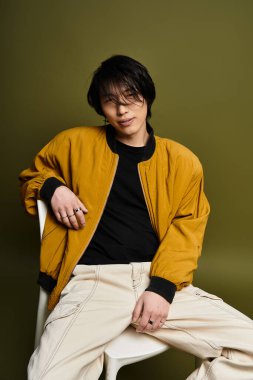 Genç bir Asyalı, stüdyo arkaplanında güvenle poz verirken modaya uygun bir kıyafet sergiliyor..