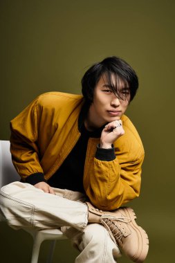 Genç bir Asyalı moda anlayışını şık bir stüdyo ortamında sergiliyor..