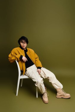 Genç bir Asyalı şık kıyafetlerini moda bir stüdyo ortamında poz verirken sergiliyor..