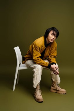 Genç Asyalı bir adam şık kıyafetini stüdyoda sergiliyor..