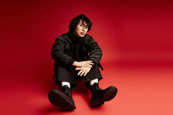 A fashionable asian man is posing in the red studio.