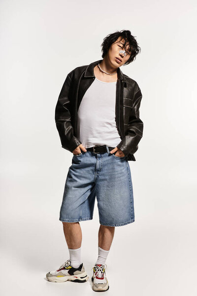 Young asian man, showcasing a stylish outfit, poses nonchalantly in a bright studio setting.