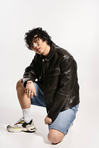 Young Asian man with plaster on nose in stylish clothes kneeling for a studio fashion shot.