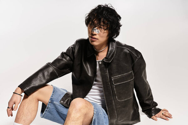 Young asian man with plaster on nose is sitting casually in a studio.