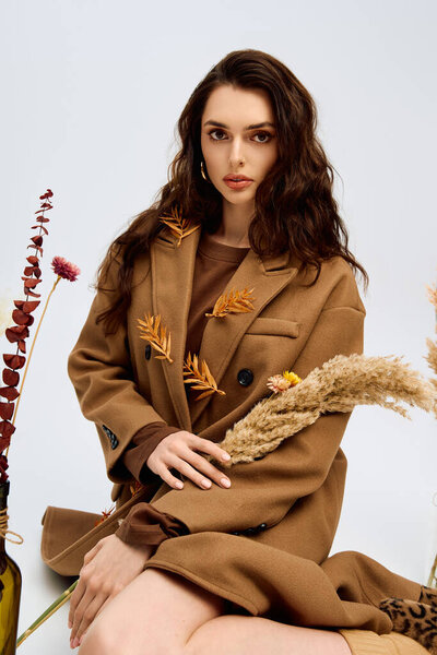 Молодая женщина с длинными каштановыми волосами сидит среди цветущих цветов, воплощая весеннюю сущность.