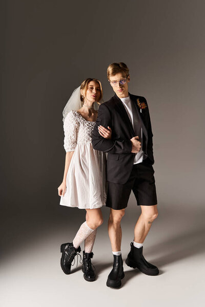 A joyful young couple showcases their love in spring attire, blending tradition with modern flair.