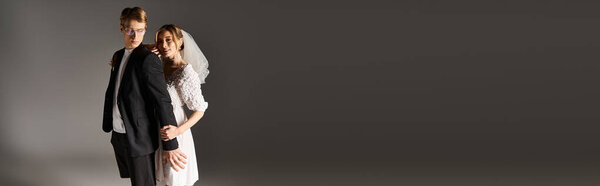 A young couple shares a romantic moment during their spring wedding, filled with love, banner