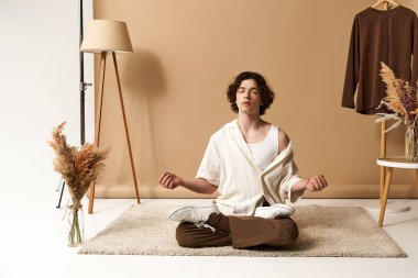 Şık bir yaz kıyafeti içindeki yakışıklı genç adam şık bir stüdyoda huzur içinde meditasyon yapıyor..