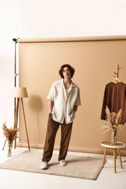 Kıvırcık saçlı yakışıklı genç bir adam sıcak bir stüdyoda şık bir yaz kıyafeti giyiyor..