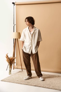 Kıvırcık saçlı genç bir adam sade bir arka planda şık bir yaz elbisesi içinde güven içinde poz verir..